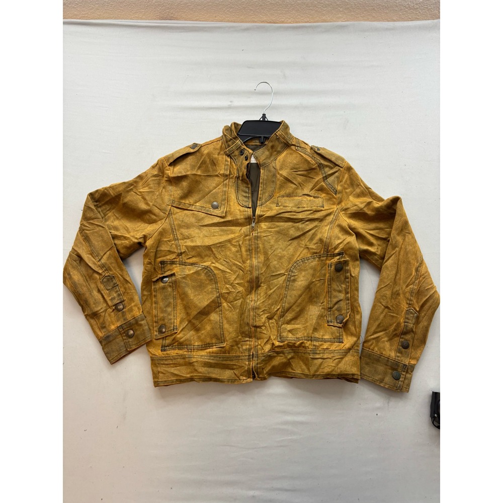 Best Man Mens Cafe Racer Jacket Distressed Yellow Moto Bomber Large
